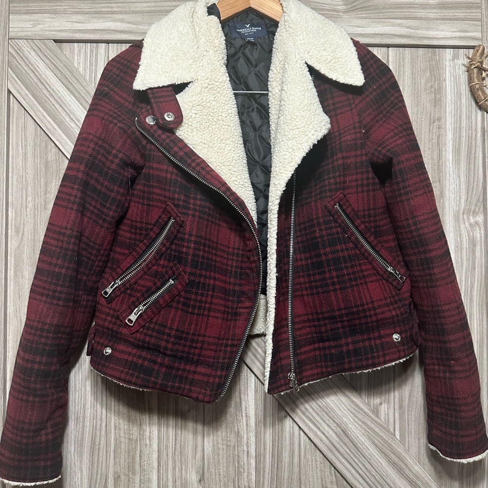 American Eagle Outfitters Women's Red Plaid Jacket with Sherpa Collar